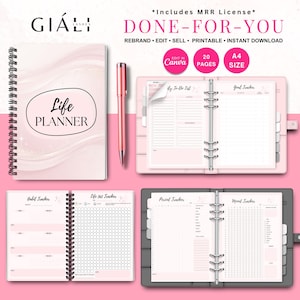 May include: A pink and white life planner with a spiral binding. The cover features a pink and white swirl design with the text "Life Planner". The planner includes 20 pages and is A4 size. It is printable and can be edited in Canva.