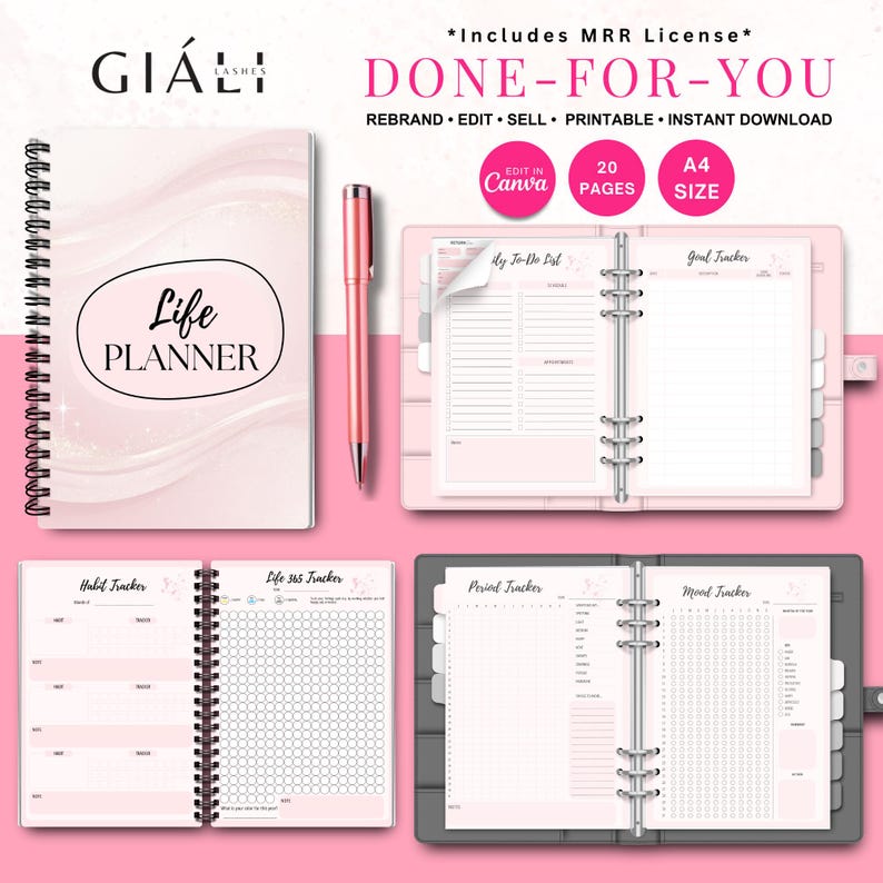 May include: A pink and white life planner with a spiral binding. The cover features a pink and white swirl design with the text "Life Planner". The planner includes 20 pages and is A4 size. It is printable and can be edited in Canva.