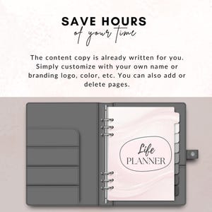 May include: A gray binder with a pink and white marble design on the inside. The binder has a silver ring mechanism and a tabbed divider. The text "Life PLANNER" is printed on the inside cover.