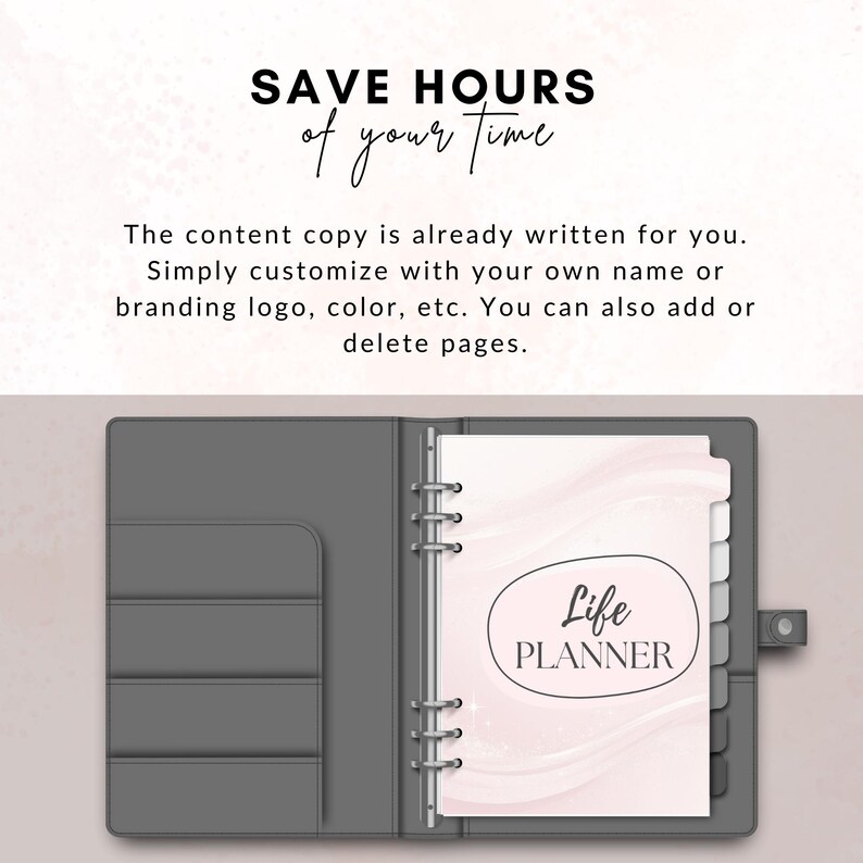 May include: A gray binder with a pink and white marble design on the inside. The binder has a silver ring mechanism and a tabbed divider. The text "Life PLANNER" is printed on the inside cover.