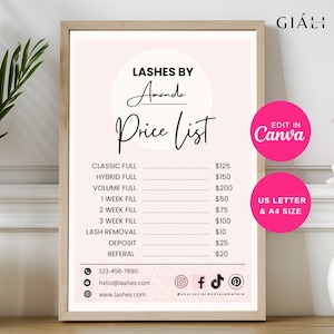 Wimpern Preisliste Poster, druckbares Lash Studio Dekor, bearbeitbares Lash Raumdekor, Lash Studio Druck mit Preisliste, digitaler Download