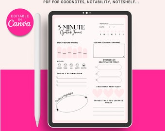 5-Minute Gratitude Journal Template, Undated Daily Reflection (PDF)