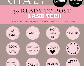 Copertine con evidenziazioni ciglia, 30 storie in evidenza su Instagram, copertina Lash Tech IG, icone con evidenziazioni rosa e nere, branding Lash Tech, modello Canva