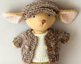 Gentleman Outfit for Hazel Village Animals | Tweed Cardigan, Cap & Linen Pants | Handmade Doll Clothes
