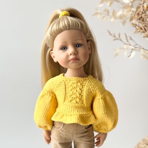 Pull Götz pour poupée Little Kidz – Pull jaune tricoté à la main pour poupée de 36 cm