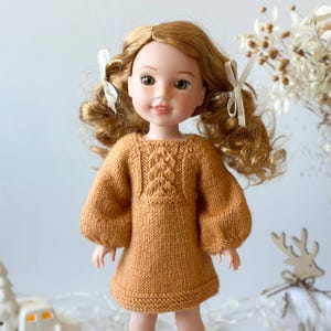 Hand-Knitted Doll Dress: Mustard Yellow Merino Wool Sweater, 13.5-14 inch