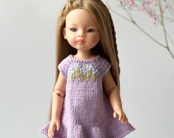 Paola Reina Doll Dress – Floral Embroidered Cotton Knit Dress for 13 inch Doll, Siblies Clothes
