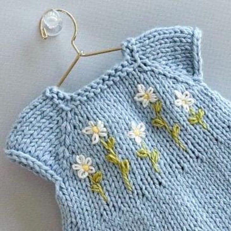 May include: A pale blue knitted baby dress with embroidered white daisies and green stems. The dress is displayed on a gold-coloured hanger. The knitwear features a round neckline and short sleeves.