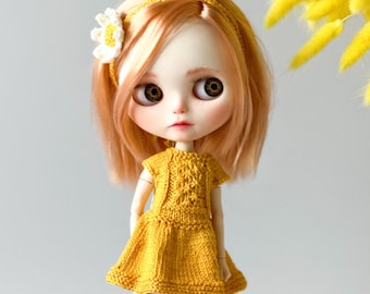 Blythe Doll Dress – Yellow Cotton Knit Outfit with Flower Headband for Blythe, Pullip, Rainbow High