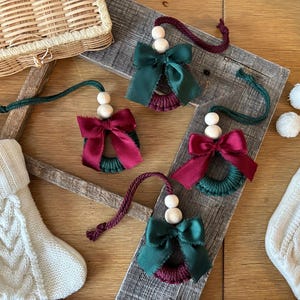 Macrame Christmas Ornament Set of Four, Boho Red and Green Holiday Wreath Ornaments with Ribbon Bows