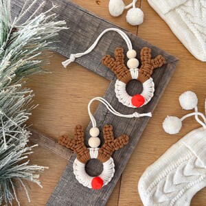 Macrame Reindeer Ornaments Set of Two, Boho Christmas Ornament, Festive Holiday Stocking Tag and Gift