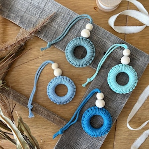 Macrame Ornament Set of Four, Boho Beaded Hanging Car Charm, Custom Color Festive Christmas Ornament