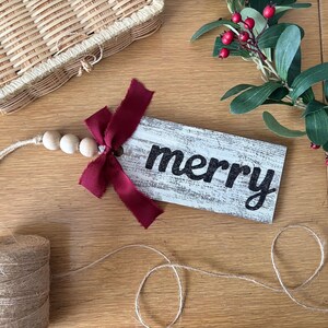Merry Wood Tag, Christmas Oversized Beaded Hanging Tag and Tiered Tray Decor, Holiday Door Knob Hanger