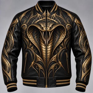 Peut inclure: Un blouson noir de type bomber orné d'un motif de cobra doré sur le devant. Le design présente des détails en filigrane doré, une fermeture éclair centrale, deux poches latérales zippées, ainsi que des poignets et un ourlet côtelés noirs à rayures dorées.
