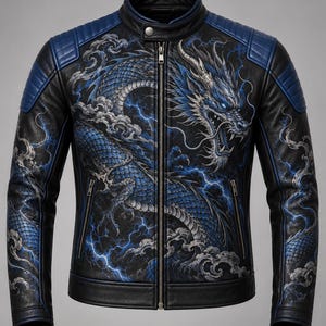Peut inclure: Une veste en cuir noir ornée d'un motif de dragon bleu et gris détaillé sur le devant et les manches. La veste présente un col officier avec un bouton-pression, une fermeture éclair centrale, deux poches latérales zippées et des empiècements bleus.