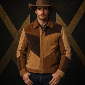 May include: A brown suede jacket featuring a multi-tonal chevron pattern in light and dark brown panels, a classic collar, and a front button closure. The jacket is paired with a brown cowboy hat, creating a cohesive western-inspired aesthetic.