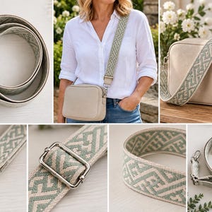 May include: A beige crossbody bag featuring a wide, adjustable shoulder strap with a sage green and cream geometric woven pattern. The bag has silver-toned metal hardware, including lobster claw clasps and a rectangular sliding buckle for length adjustment.