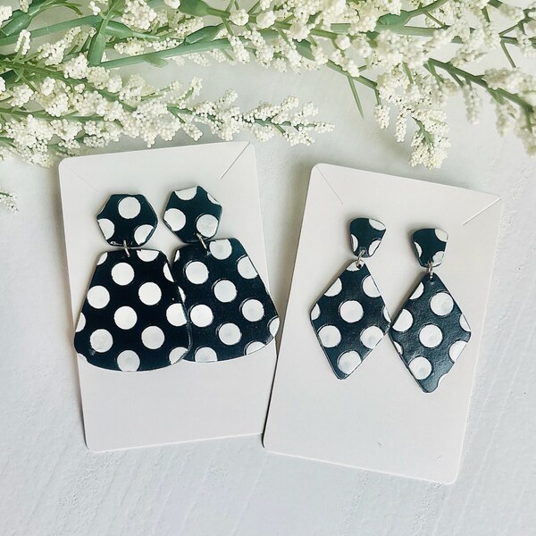 Polka Dot Earrings, Dangle and Drop Earrings, Black and White earrings, Statement Earrings, Handmade Polymer Clay, Handmade Jewelry, For Her