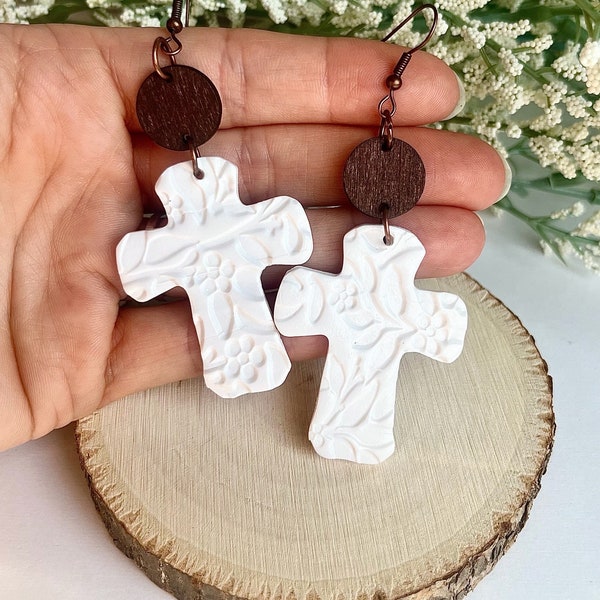 Cross Earrings Women, Clay Cross Earring, Cross Jewelry, White Earring, Dangle and Drop Earring, Dangle Cross Earring, Handmade Jewelry, Her