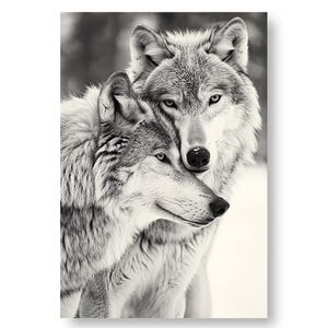 Wolf Paar Porträt Wandkunst - Druckbares Schwarzweiß Poster - Tierliebe Kunstwerk für moderne, naturinspirierte und minimalistische Interieurs