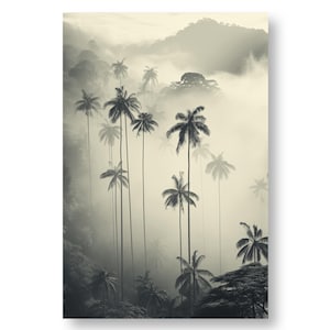 Palmeras vintage - Póster imprimible - Selva tropical brumosa - Descarga instantánea - Decoración de pared natural y relajante