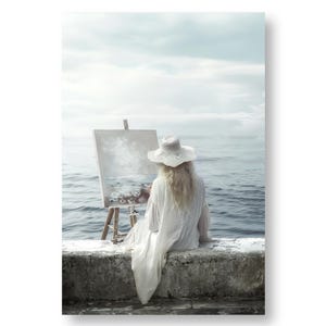 Druckbare Boho-Wandkunst für Frauen – Herunterladbares Poster „Meer und Schöpfung“ – Feminines Küstendekor – Minimalistischer und beruhigender Stil