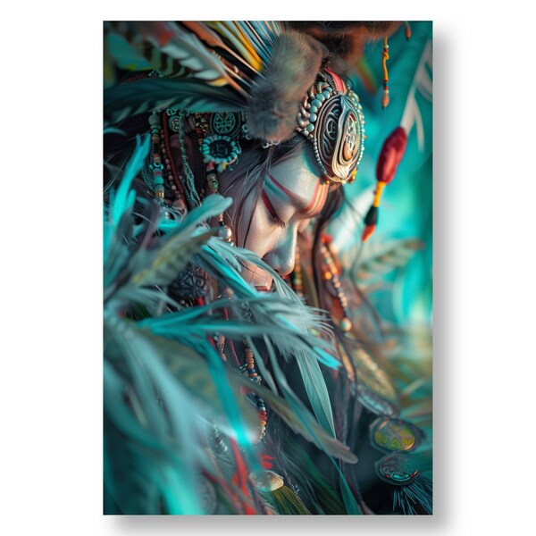 Portrait Tribal Plumes Colorées Poster-Décoration -Affiche- sprituel -Téléchargeable -idée cadeau -Impressions d'Art - spiritualité-