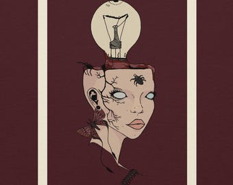 Könnte beinhalten: Eine digitale Illustration einer Person, aus deren Kopf eine Glühbirne ragt. Die Person hat blasse Haut, weiße Augen und rissige Hautstrukturen. Ein Nachtfalter, ein Käfer und ein Tausendfüßler sind auf dem Kopf- und Halsbereich abgebildet.