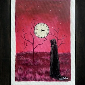 May include: An original painting depicts a figure in a black cloak standing before a clock and leafless trees under a red sky. The clock face shows the time as 3:00. The artwork is signed in the lower right corner.