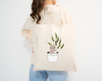 Kat en Plant Tote, Planten, Katten, Huisdieren, Tote, Cadeau, Kat Moeder, Dierenliefhebber, Verjaardagscadeau, Moederdag Cadeau, Tote Bag, Boekentas, Winkelen