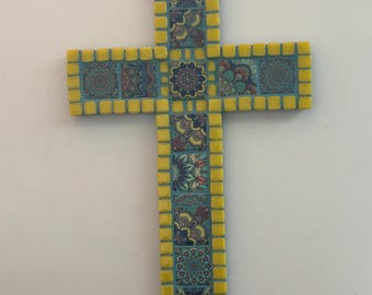 Handmade Mosaic Wall Cross, Yellow Turquoise 9 x 6" mandala style