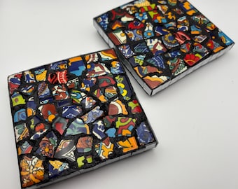 Talavera Mosaic Coasters: Colorful Rockstar Pique-Assiette Tile Coasters, Set of Two
