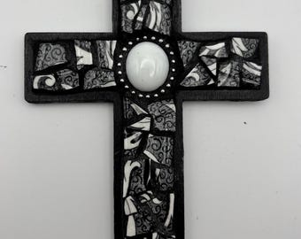 Small mosaic porcelain cross, black and white, 5" x 3.5"