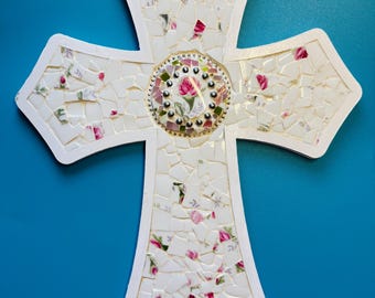 Hand-cut Broken Heirloom China Mosaic Wall Cross, Pink Rose, 12" x 9"