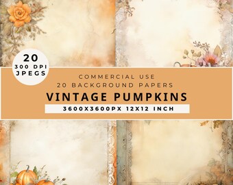 Vintage Halloween Pumpkin Digital Paper: Floral Autumn Scrapbook (Digital Download)