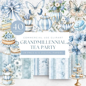 Può includere: Set di grafiche ad acquerello a tema tea party azzurro e bianco. Include tazze da tè, teiere, torte, farfalle e composizioni floreali. Il testo recita "GRANDMILLENNIAL TEA PARTY" con "40 GRAPHICS" e "28 PNGS & 12 DIGITAL PAPERS".