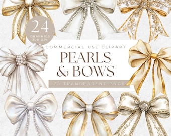 Coquette Bow Clipart: Pearls & Gold Bows PNG Bundle (Digital Download)