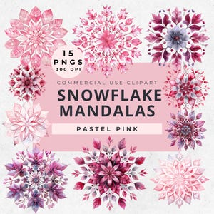 Clipart fiocchi di neve pastello ad acquerello da scaricare, Clipart fiocco di neve rosa, Mandala fiocco di neve rosa pastello PNG, Mandala di Natale, Clipart mandala