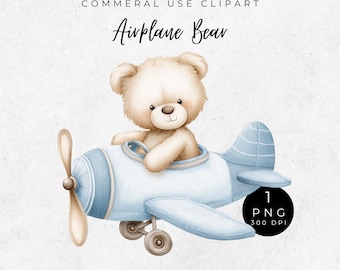 Baby Bear Airplane Clipart, Watercolor Teddy Bear PNG, Cute Pilot Art for Baby Shower, Nursery Décor, Digital Download, Baby Blue Birthday