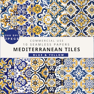 Patrón sin costuras de azulejos mediterráneos, paquete de imágenes prediseñadas de acuarela mediterránea, papel sin costuras, paquete de papel digital, azulejos azules y amarillos