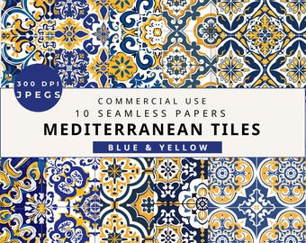 Blue & Yellow Mediterranean Tile Seamless Pattern (Digital Paper Pack)