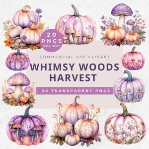 Clipart Halloween des bois, aquarelle numérique pastel Halloween clipart, citrouilles lunatiques & champignons vénéneux, rose pastel, clipart champignon automne
