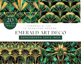 May include: A set of 12 digital seamless patterns in an Art Deco style. The patterns feature geometric shapes in shades of green and gold. The patterns are 3600x3600 pixels and are 12x12 inches.