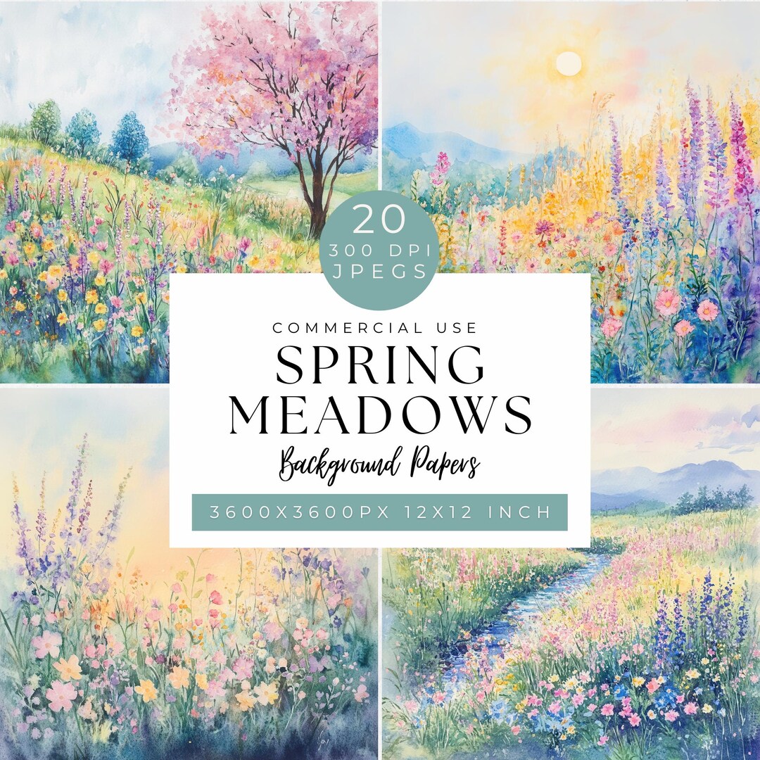 Watercolor Spring Summer Wildflowers Meadows, Digital Background Papers ...
