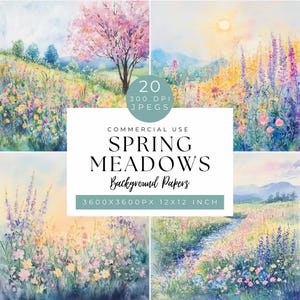 May include: A set of 20 digital watercolour spring meadow background papers. The papers feature a variety of wildflowers, trees, and landscapes in soft pastel colours. Each paper is 3600x3600 pixels, 12x12 inches, and 300 DPI.