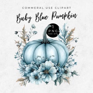 Blue Pumpkin Clipart, Watercolor Fall Pumpkin, Autumn Decor, Floral Blue Pumpkin Clipart, Fall Baby Shower, Cute Autumn Graphics, Halloween
