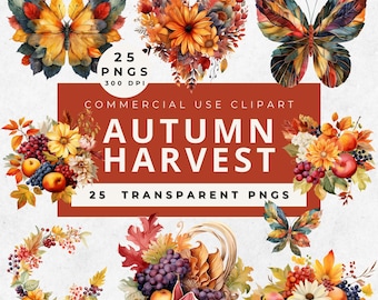 Autumn Harvest Clipart: Thanksgiving Cornucopia, Pumpkins (PNG Digital Download)