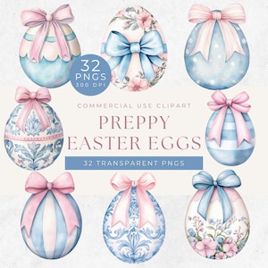 Grandmillennial Easter PNG, vintage bloemen png, blauwe toile paaseieren clipart, preppy paaseieren, roze chinoiserie Pasen, coquette strikken