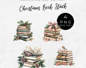 Pila de libros navideños: Clipart de libros navideños florales PNG (Descarga digital)