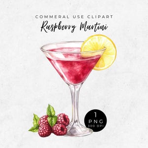 May include: Watercolor illustration of a raspberry martini in a classic glass, garnished with a lemon slice. Fresh raspberries and green leaves are at the base of the glass. The text "Raspberry Martini" is at the top.